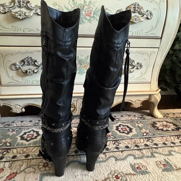 Not Rated Stacey High Harness Slouchy Boots Rhinestone Straps And Buckles - Picture 6 of 16
